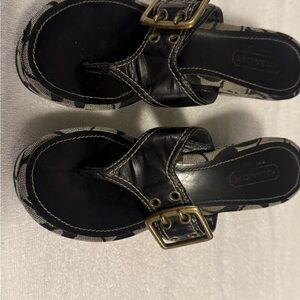Coach Black and Cream Women's Mules with Gold Buckle